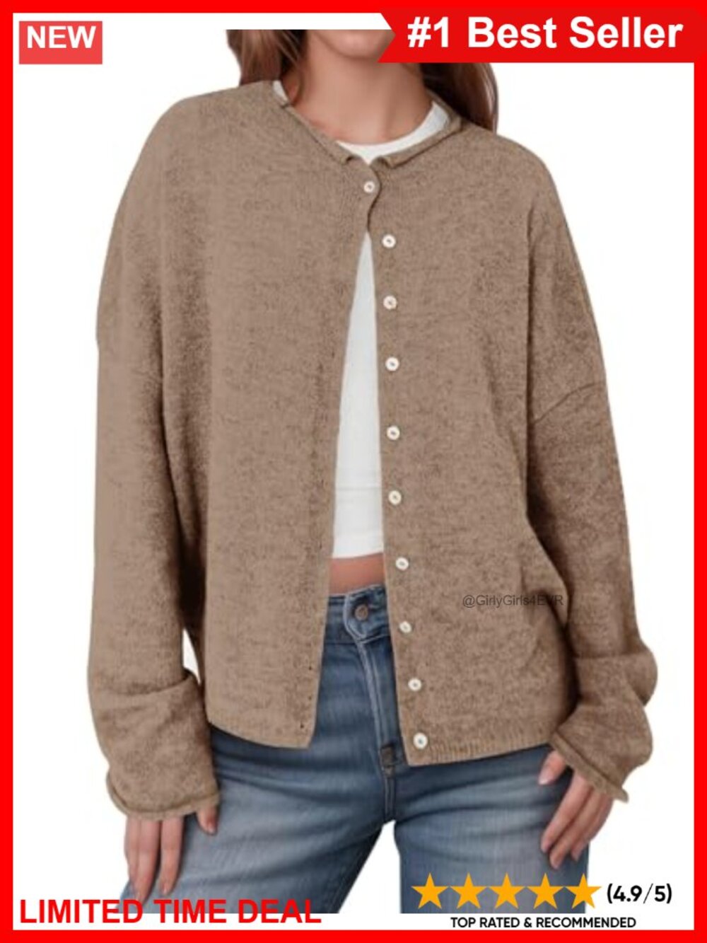 Lightweight Knit Button Front Cardigan Crew Neck Long Sleeve Sweater